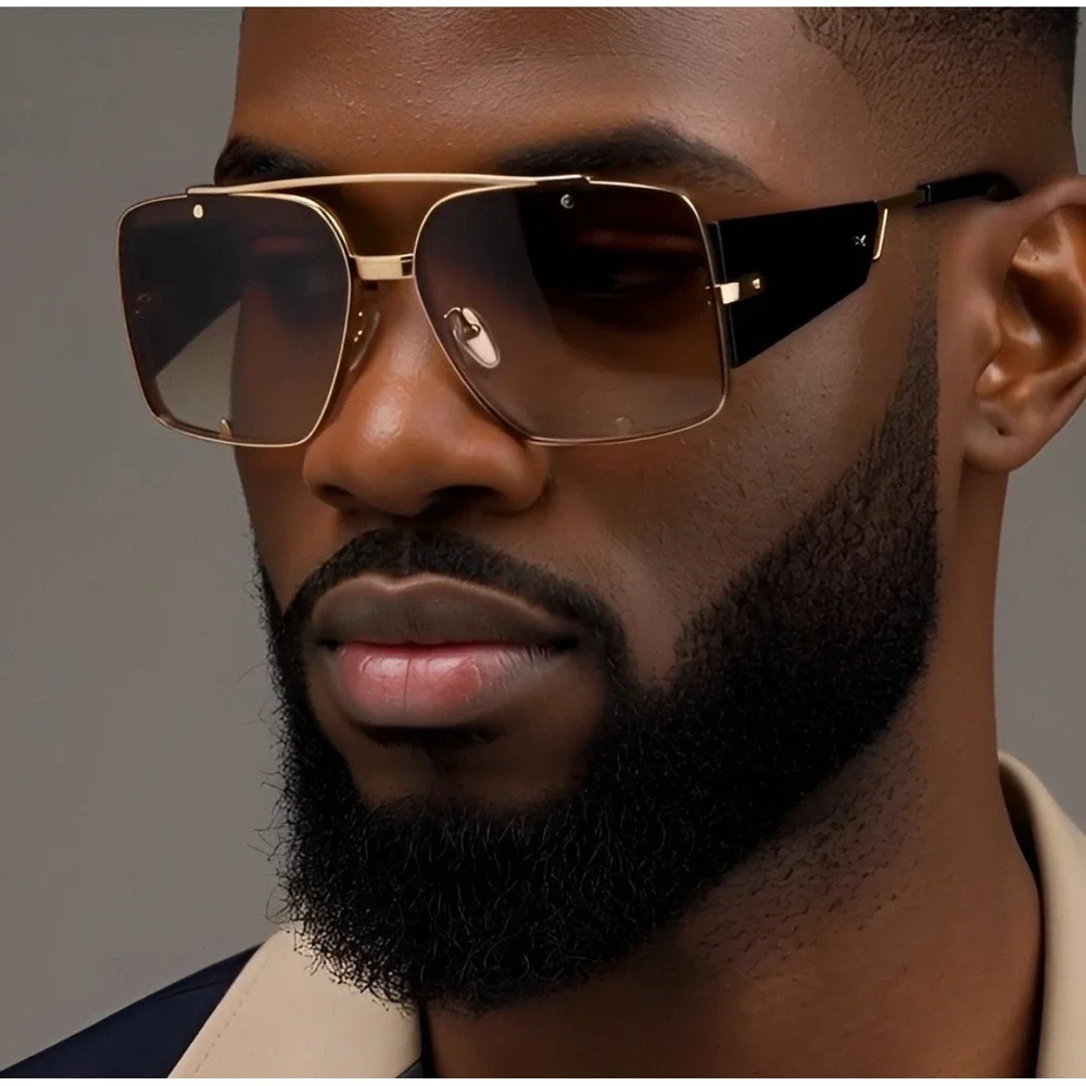 Shield Sunglasses Mens Square Oversized Fashion Shades Gold Frame UV400 Protect‎